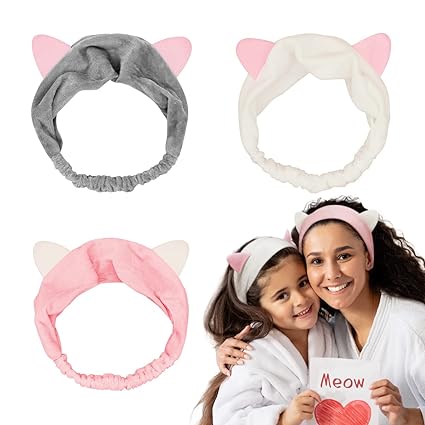 mother and daughter using cute kitty cat headband face washing headband