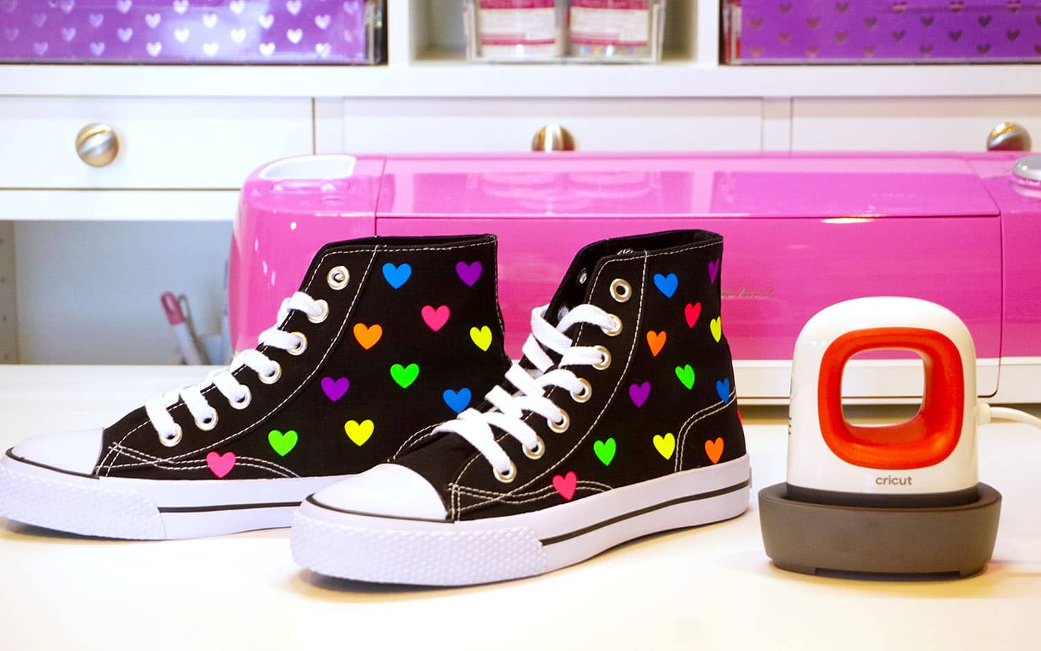 shoes with bright rainbow hearts