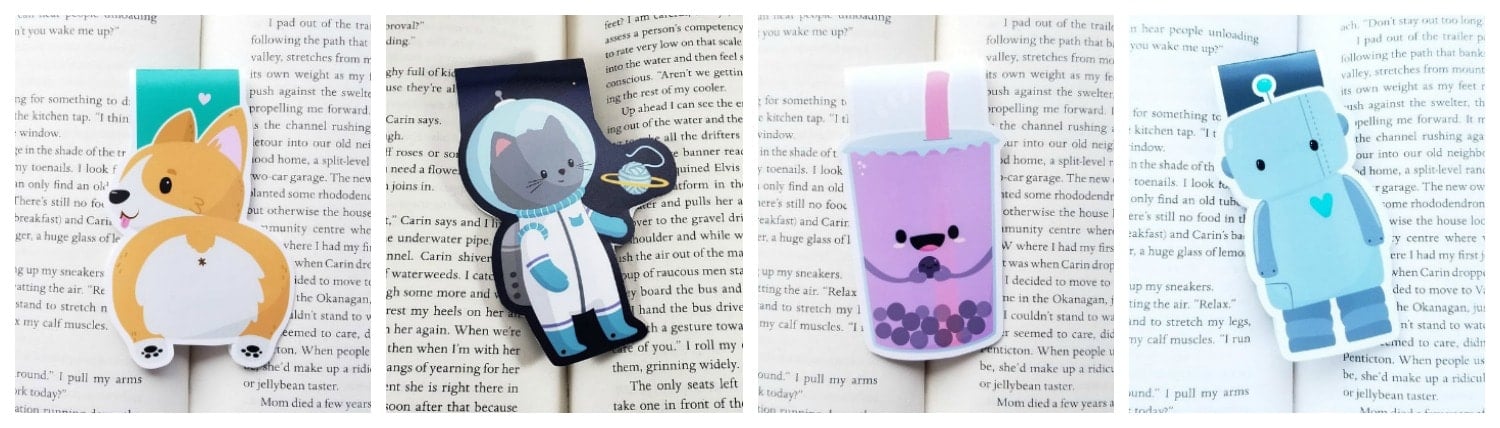 magnetic bookmarks that feature a boba tea and kitty astronaut