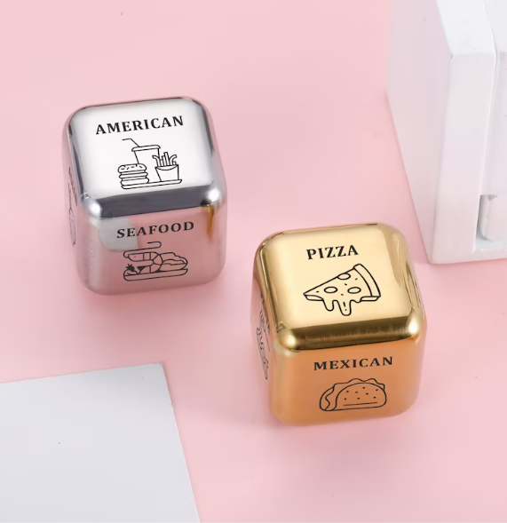 takeout food dice in gold and silver
