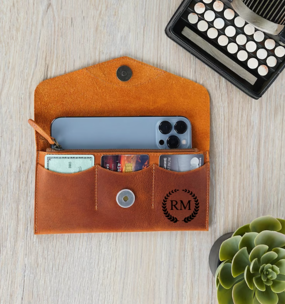 personalized leather clutch with cell phone and credit card holder