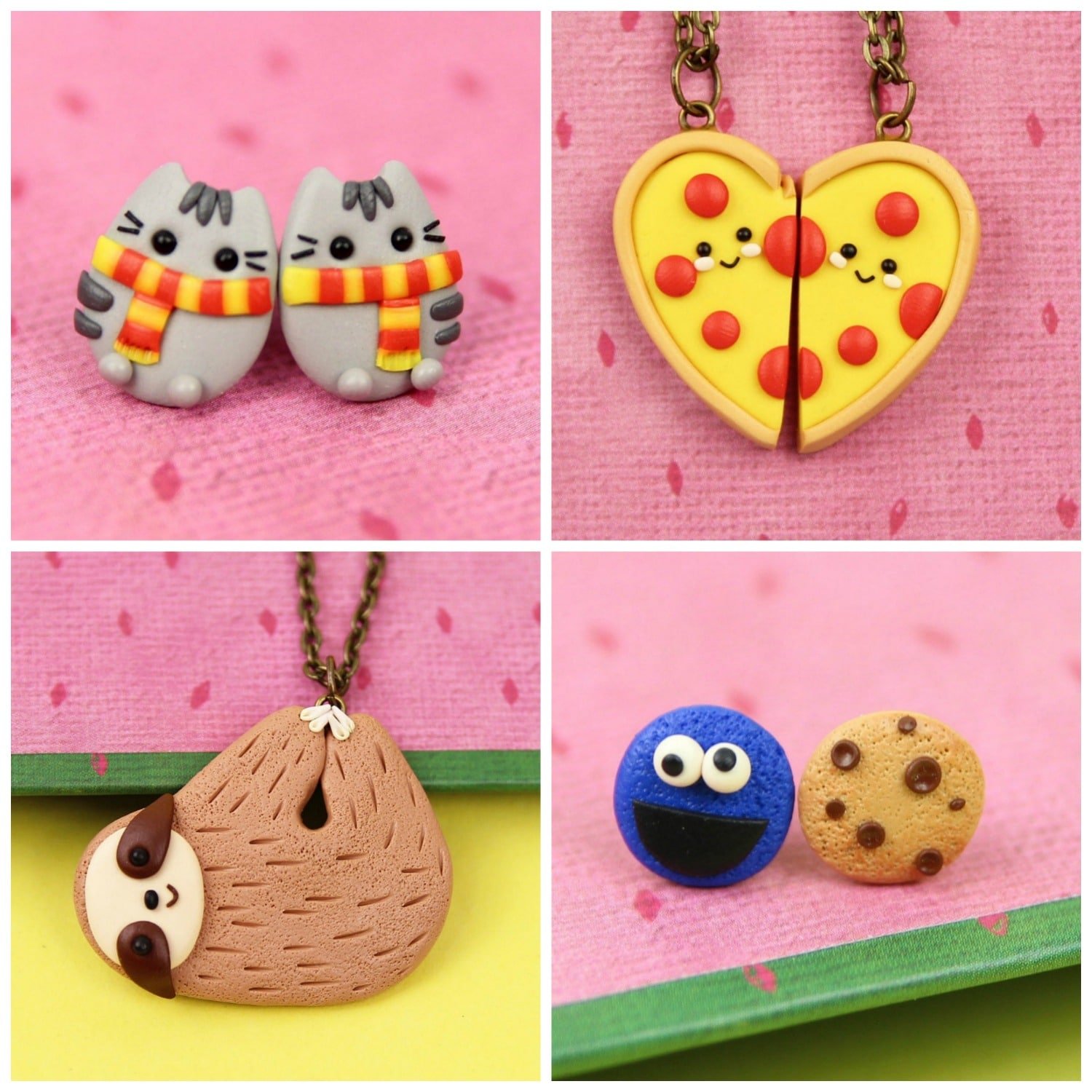 cutiePie item collage featuring pizza heart, sloth, cookie monster, and pusheen cats