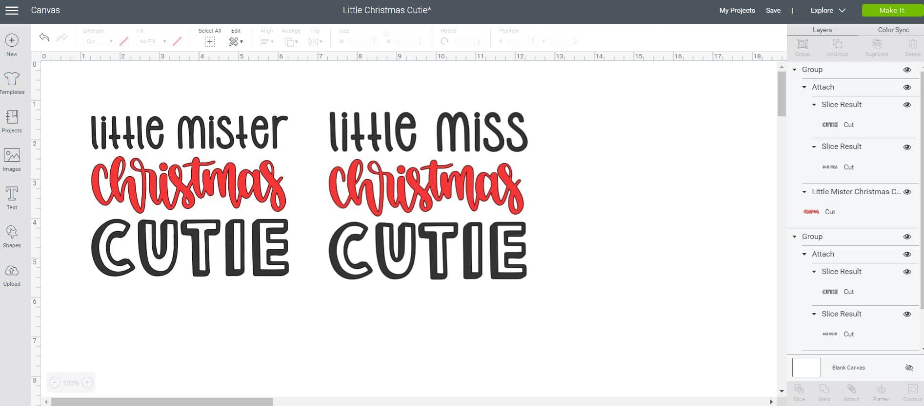 little miss christmas cutie file open in cricut design space