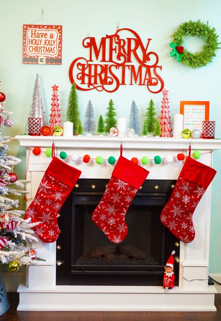 christmas mantel with 3M command hooks securing decorations