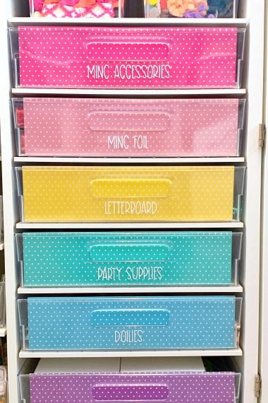 colored drawers organized with labels