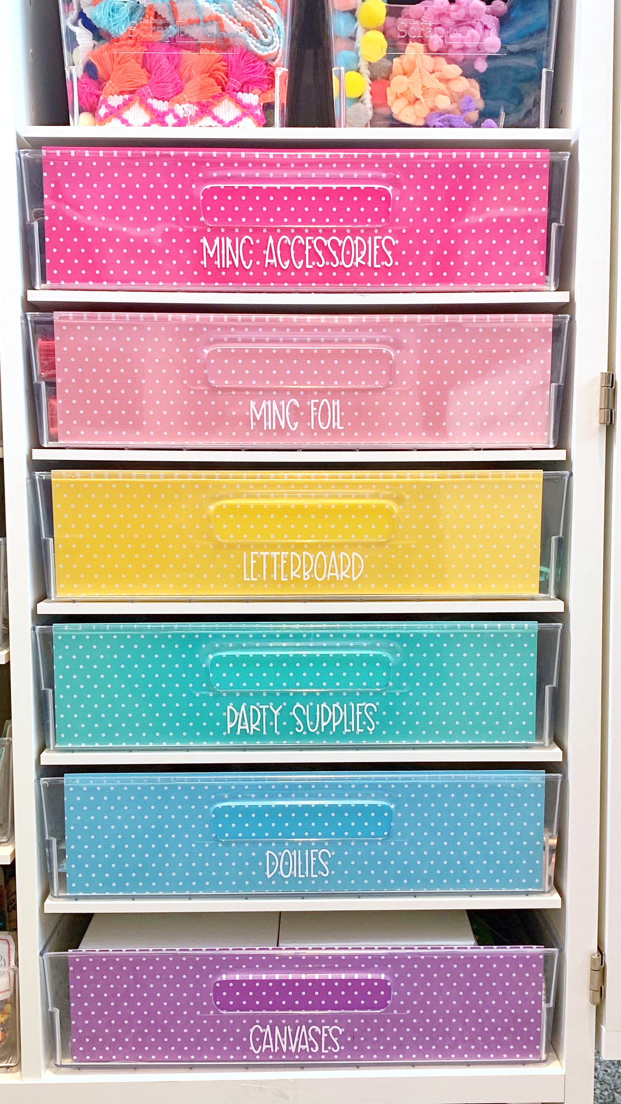 colored drawers organized with labels