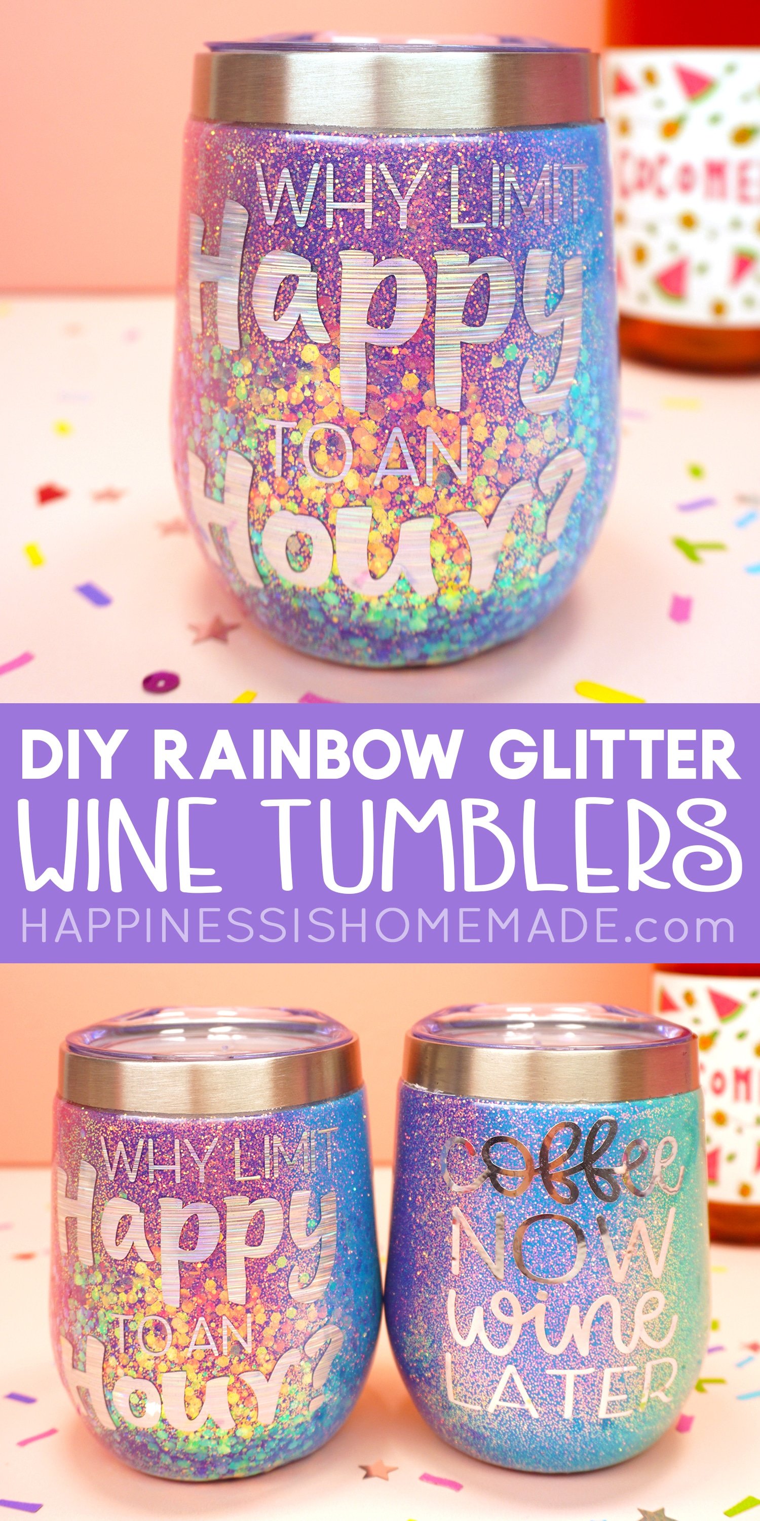 DIY rainbow glitter wine tumblers