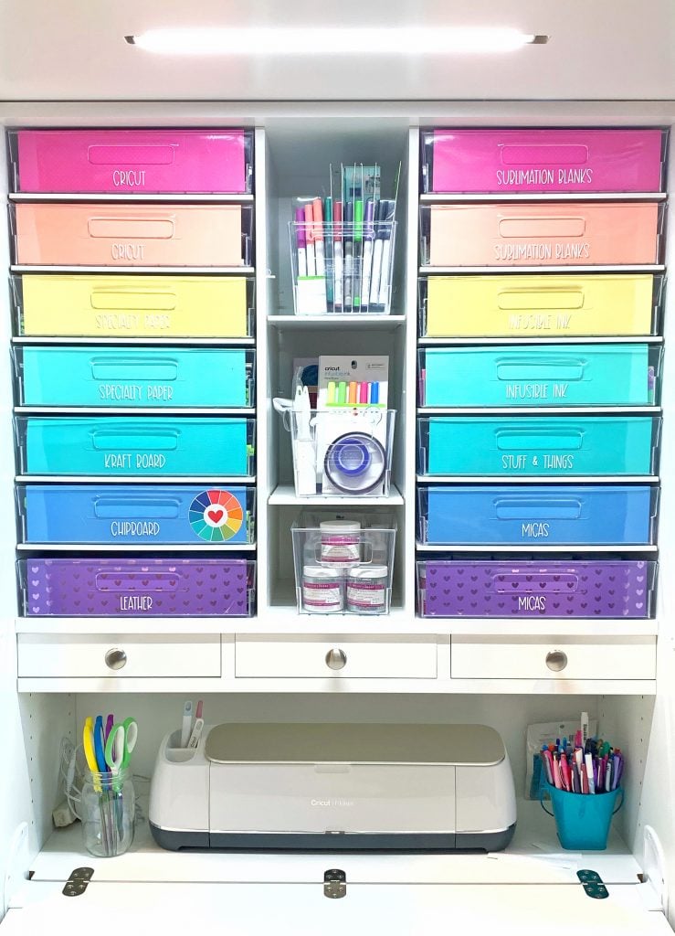 dreambox with labeled bins and cricut machine