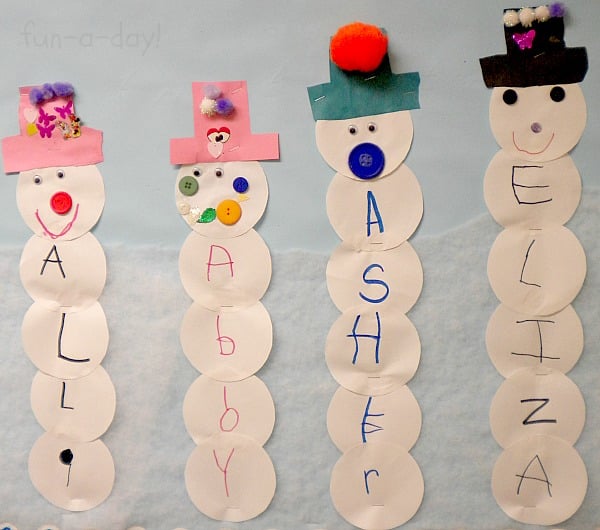 snowmen craft with kids names on the snowman bodies