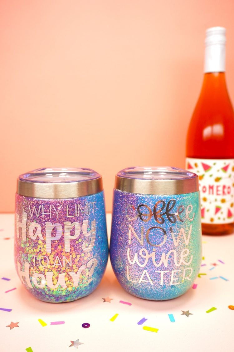 personalized rainbow wine and coffee tumblers