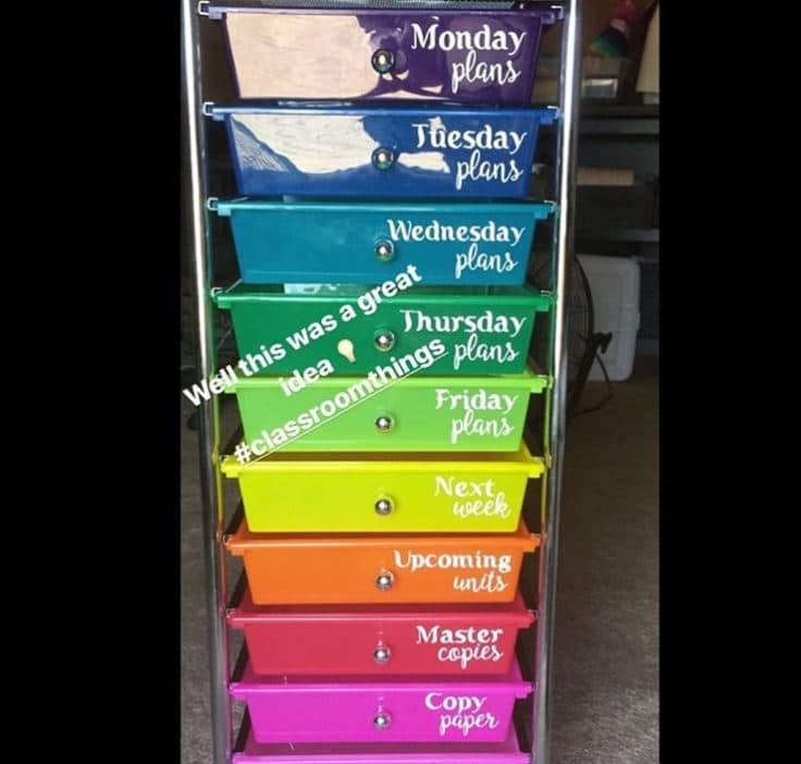 organized rainbow color bins with labels