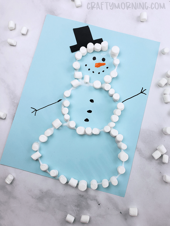snowman with outline made from marshmallows