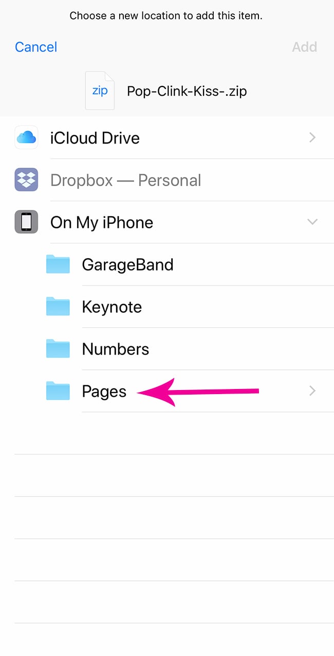 on my iphone setting menu with pages folder selected