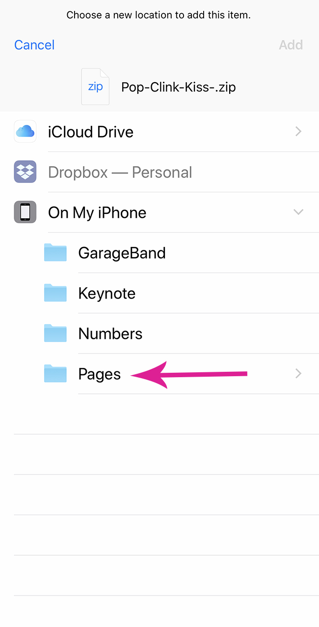 on my iphone setting menu with pages folder selected