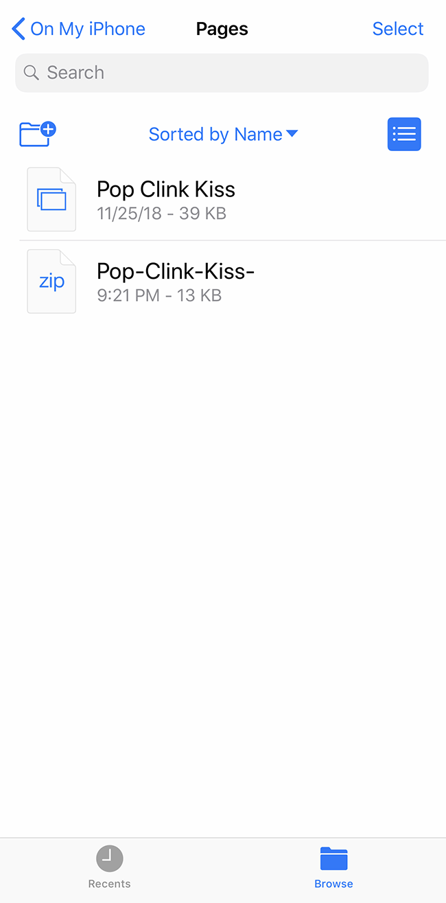 on my iphone with two versions of pop clink kiss file now shown
