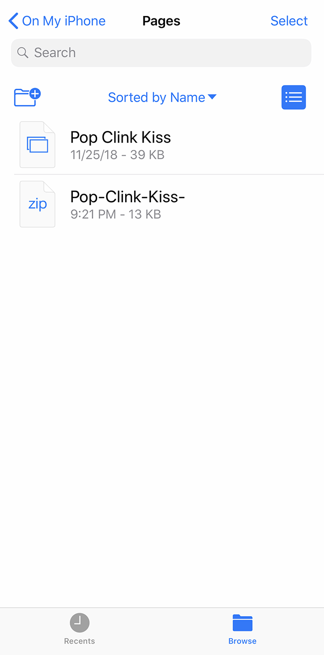 on my iphone with two versions of pop clink kiss file now shown