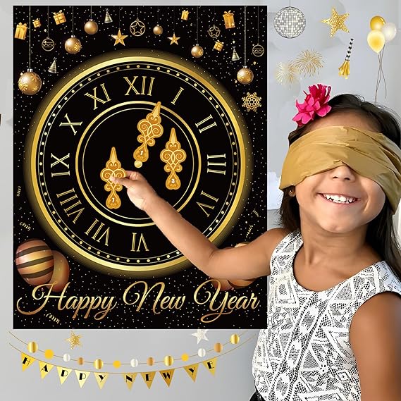 child blindfolded playing pin the hand on the clock new years eve game