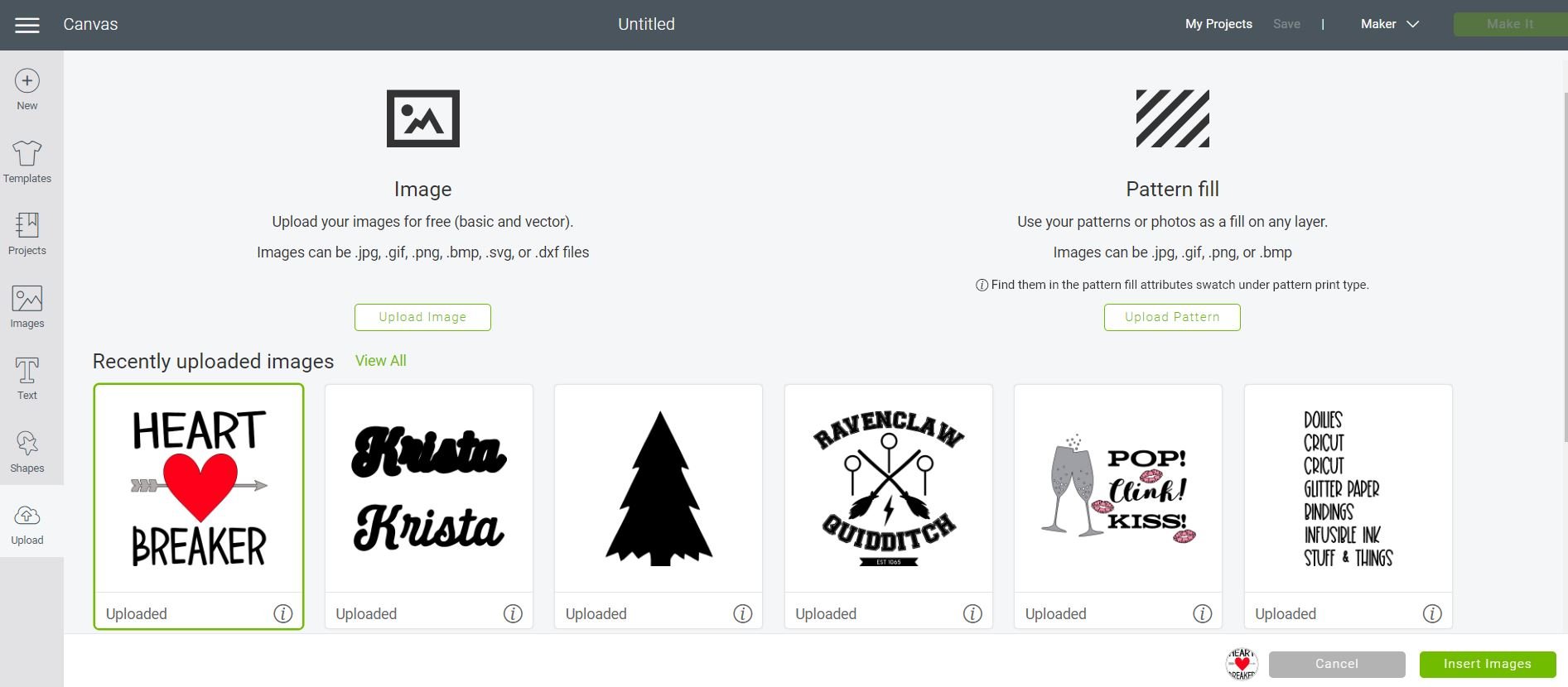 upload image and pattern fill options in cricut design space