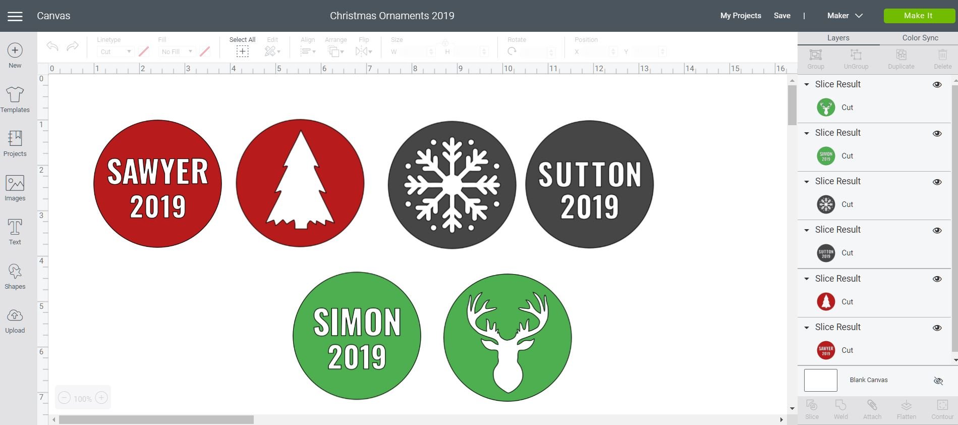 preview of personalized christmas ornaments with names and images in design space