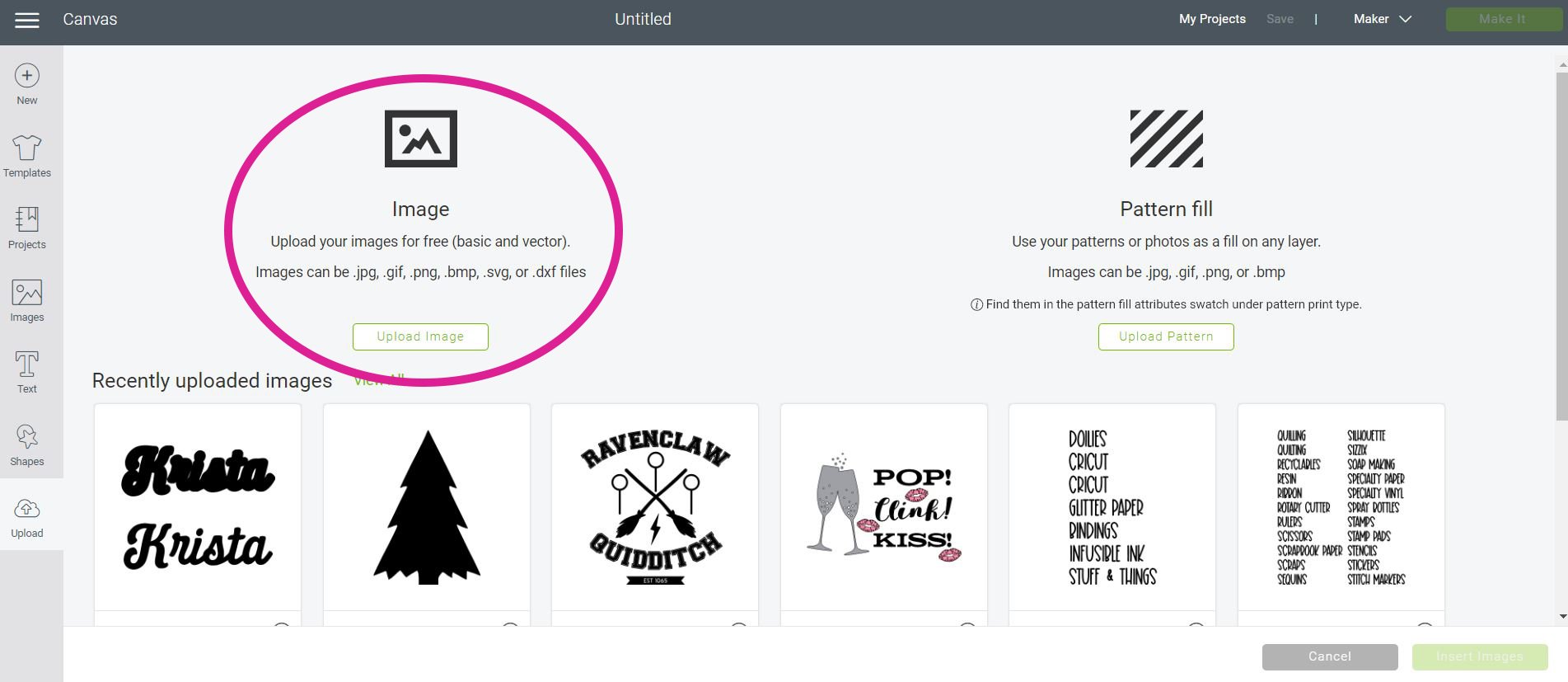 uploading image instructions in cricut design space