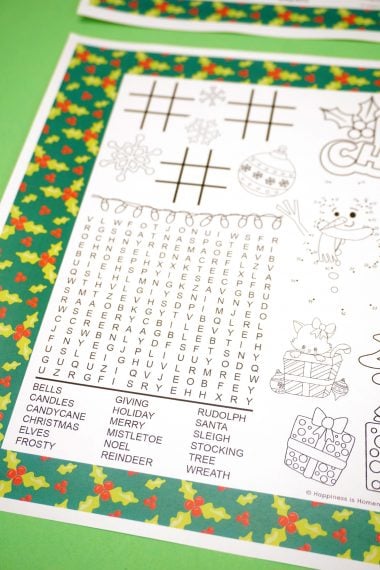 christmas printable placemat with games and activities
