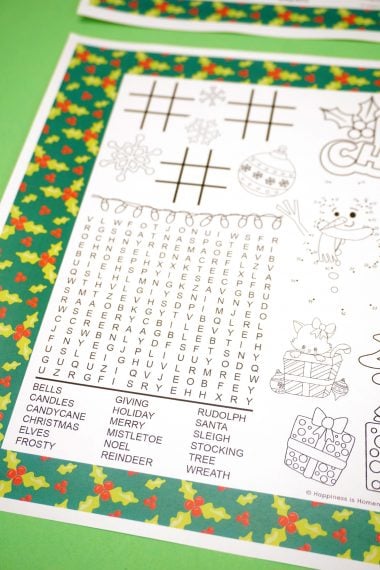 christmas printable placemat with games and activities