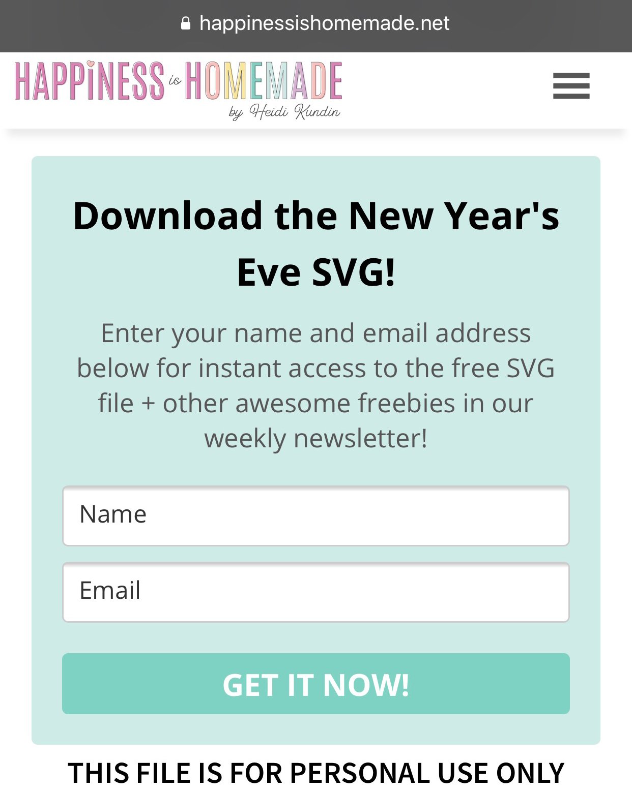 example of email download form used by happiness is homemade for printable file delivery