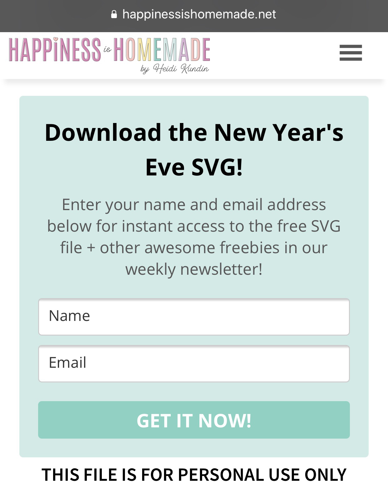 example of email download form used by happiness is homemade for printable file delivery