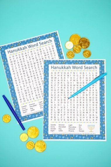 printable hanukkah word search with gold coins