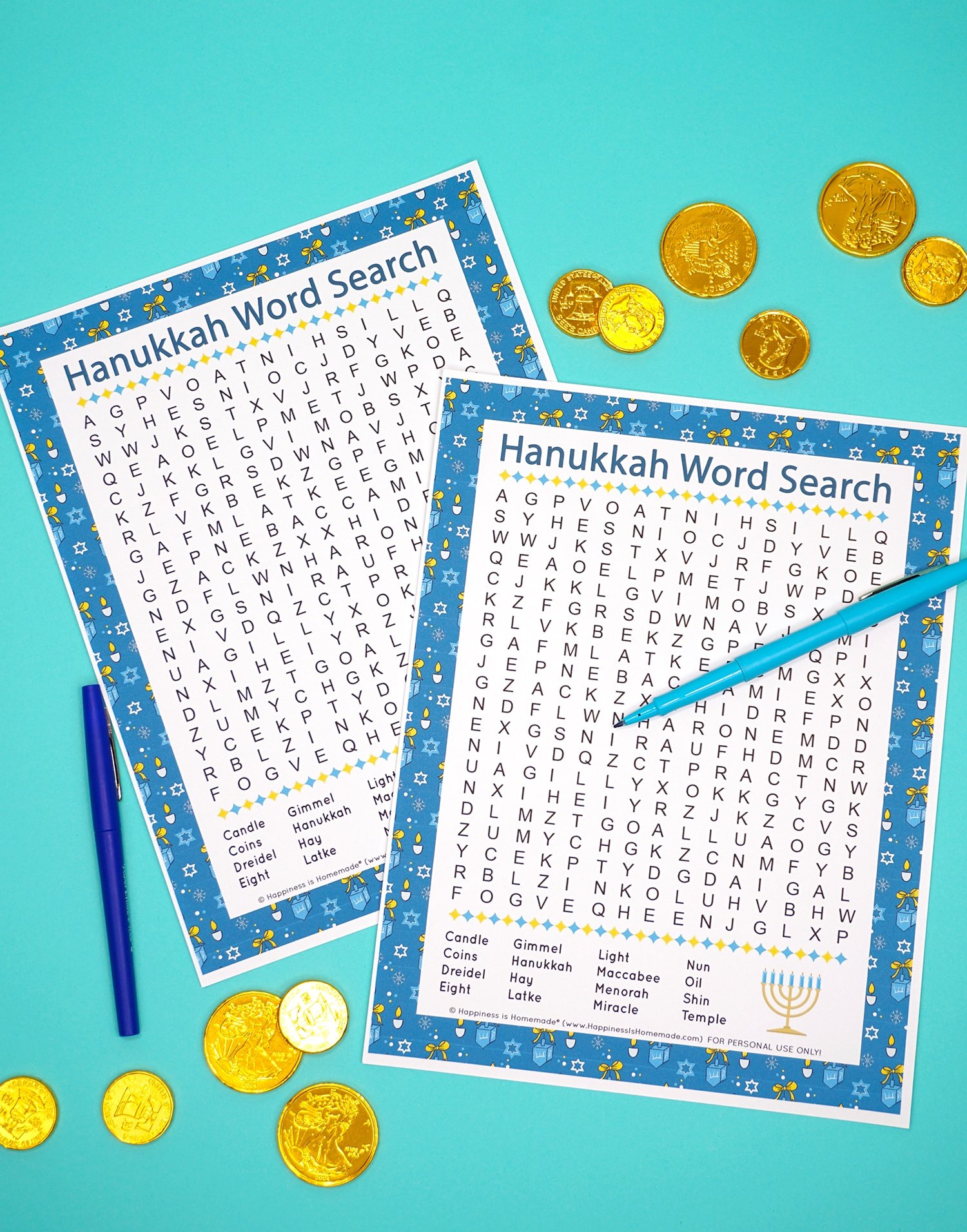 printable hanukkah game with pens and coins
