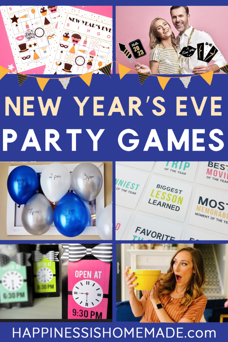 "New Year's Eve Party Games" graphic with collage of example party ideas