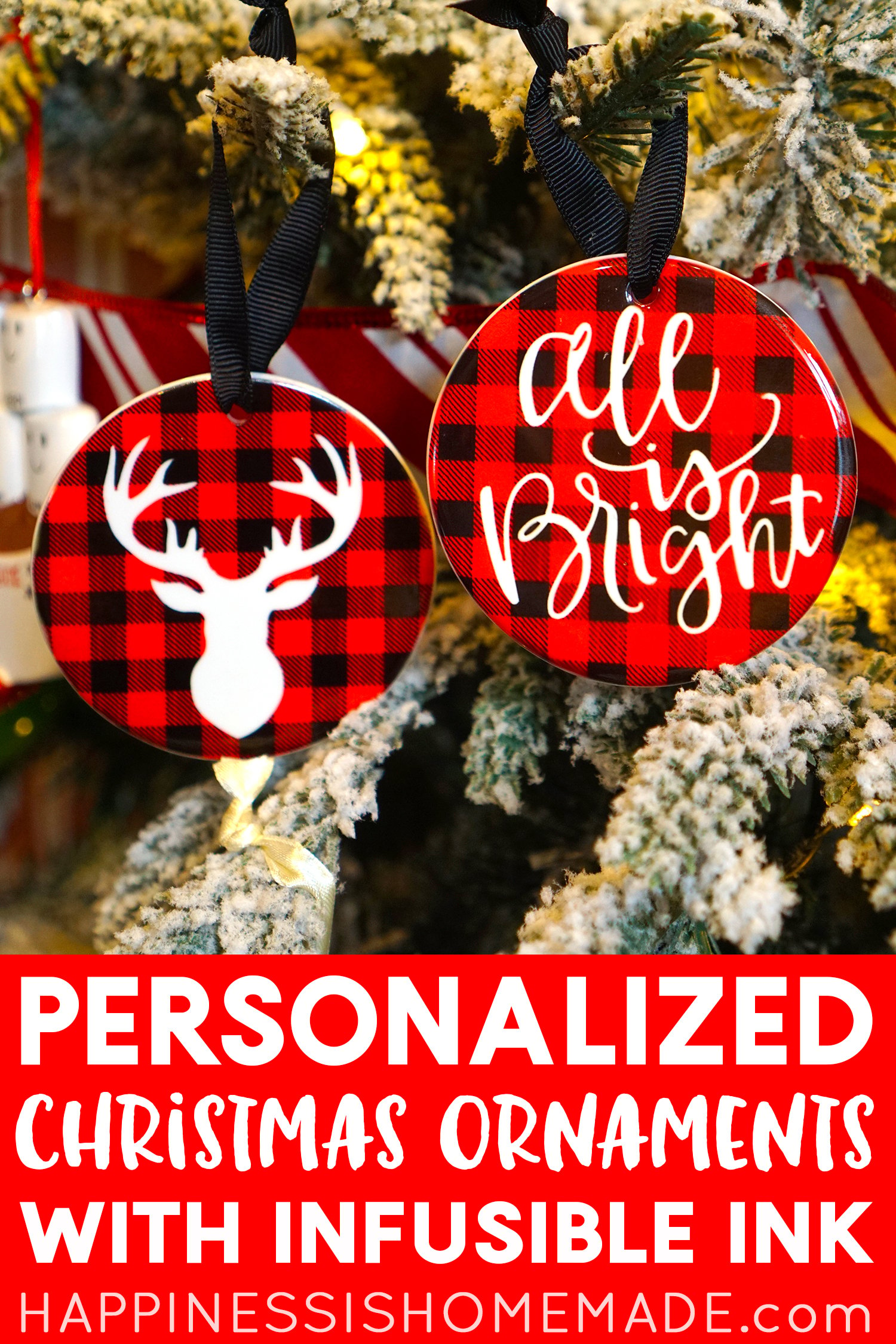 Personalized Buffalo Check Plaid Christmas Ornaments Made with Cricut Infusible Ink