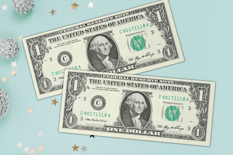 two one dollar bills and winter decor