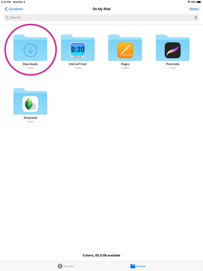 downloads folder selected in ipad