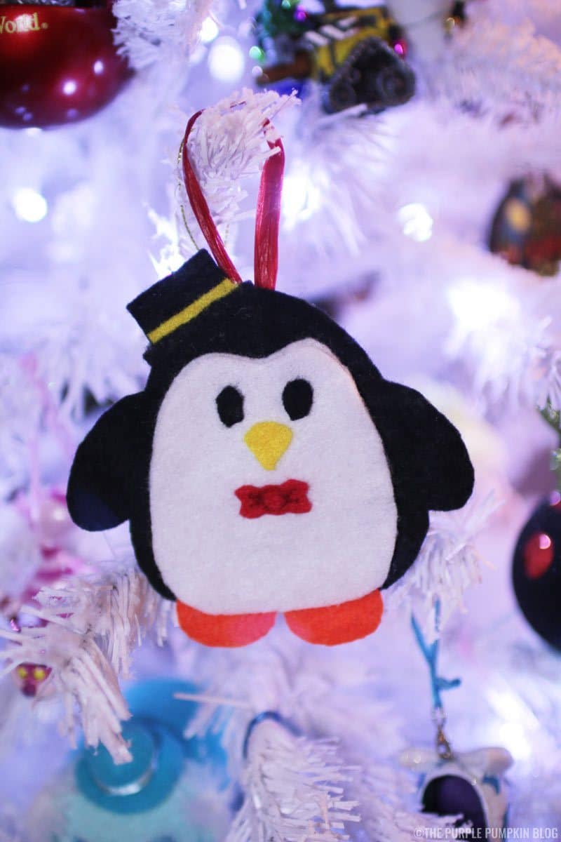 penguin made from felt cut into christmas tree ornament