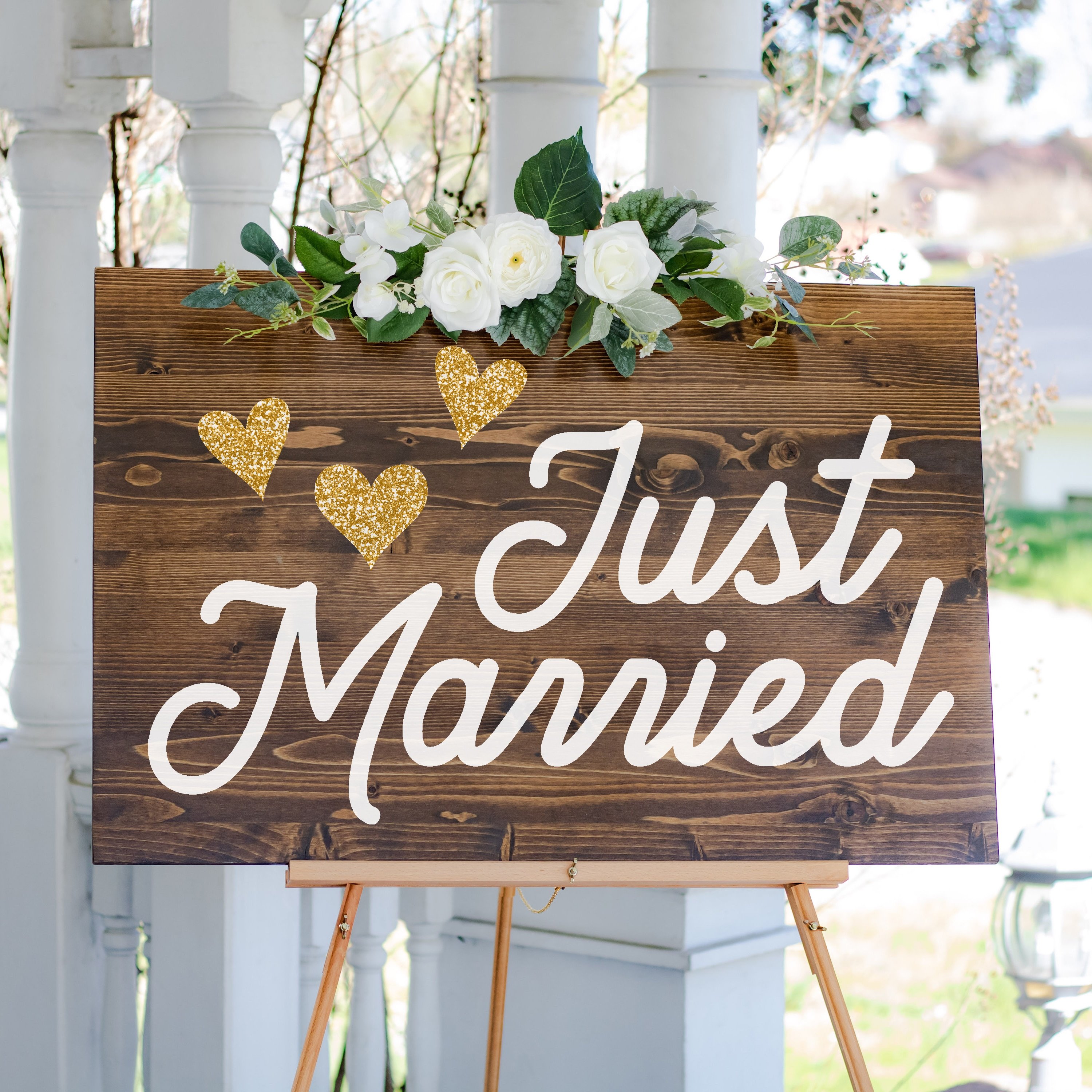 just married svg file on wooden sign