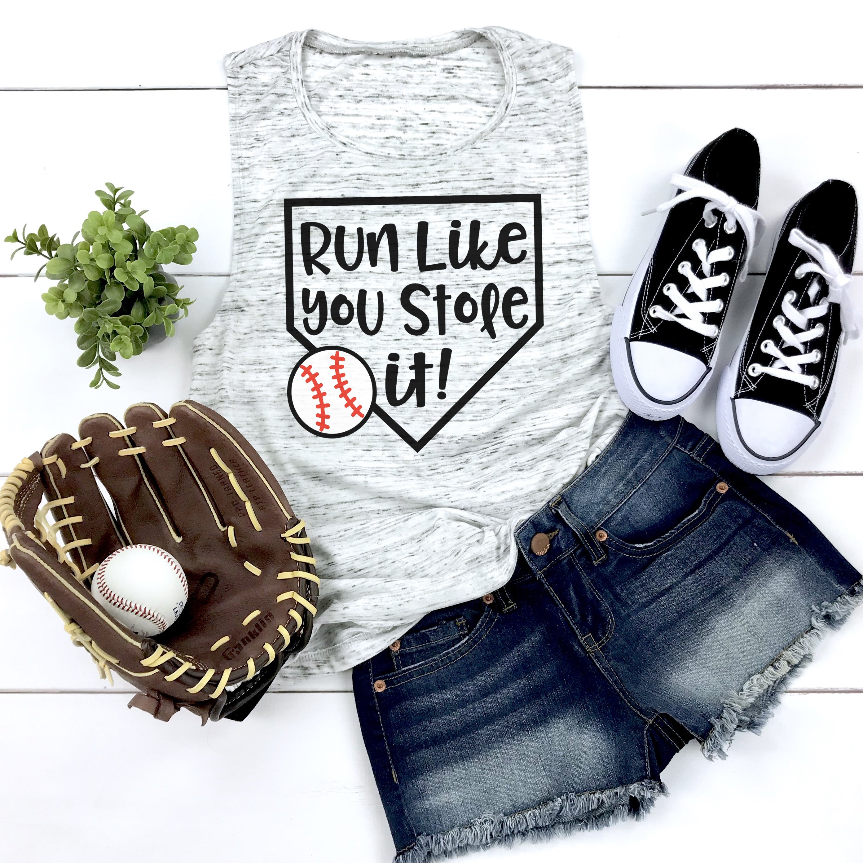 run like you stole it baseball svg file on shirt with accessories