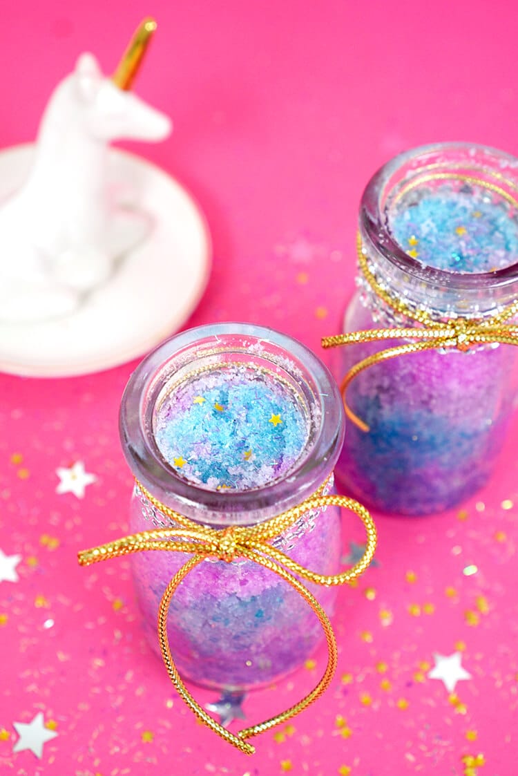 DIY unicorn shimmer bath sugar scrub in jars