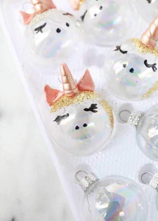 DIY unicorn ornaments made from plastic baubles
