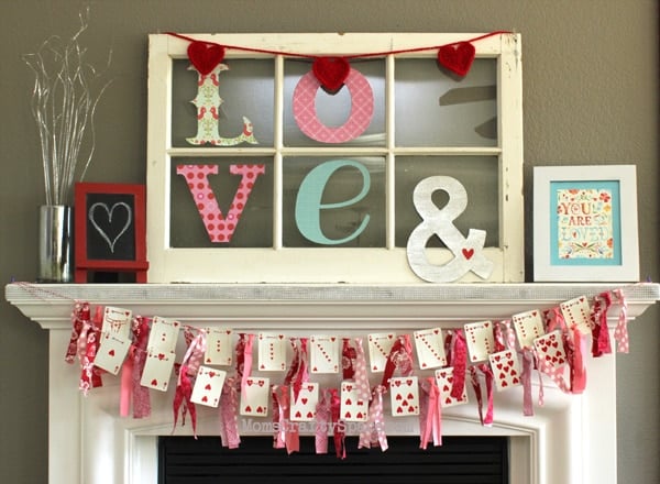 valentines banner , card garland and valentines day mantle decor
