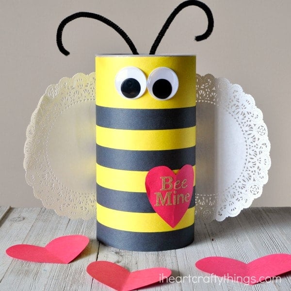 bee with heart that says bee mine and lace wings valentine box