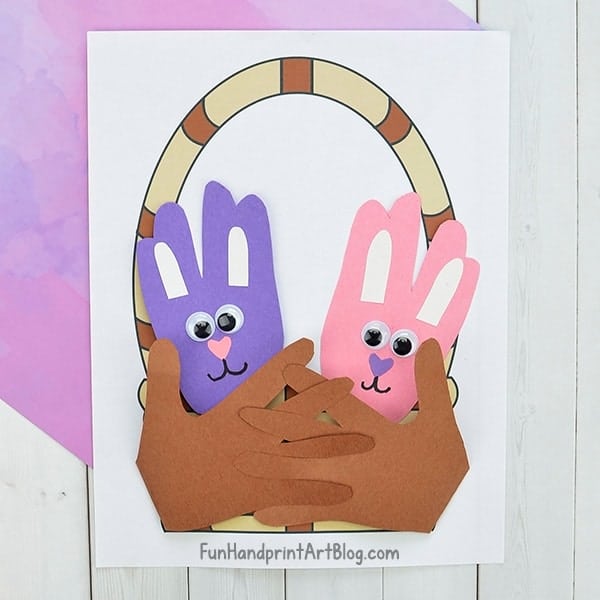 handprints made into easter basket with bunnies