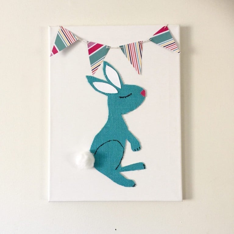 burlap bunny easter art hung on wall