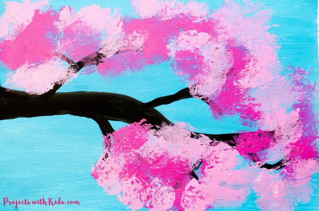 cherry blossom painting made with cotton balls