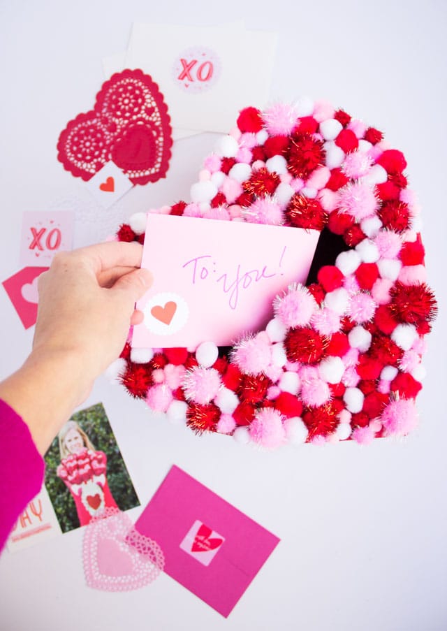 pink pom pom heart valentine card box