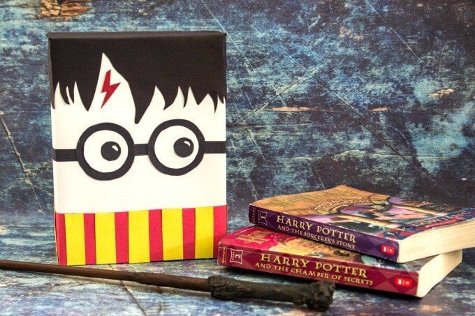 harry potter face valentine box with HP books stacked and a wand