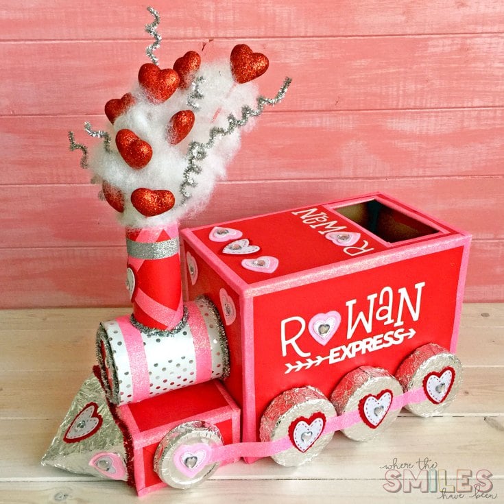 pink train with hearts and kids name valentines day box