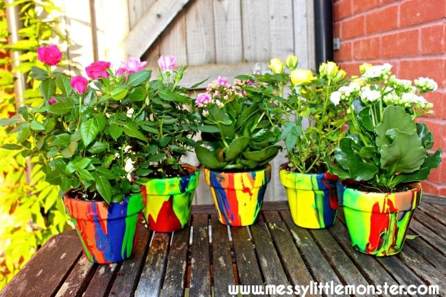 pour painted flower pots with potted plants