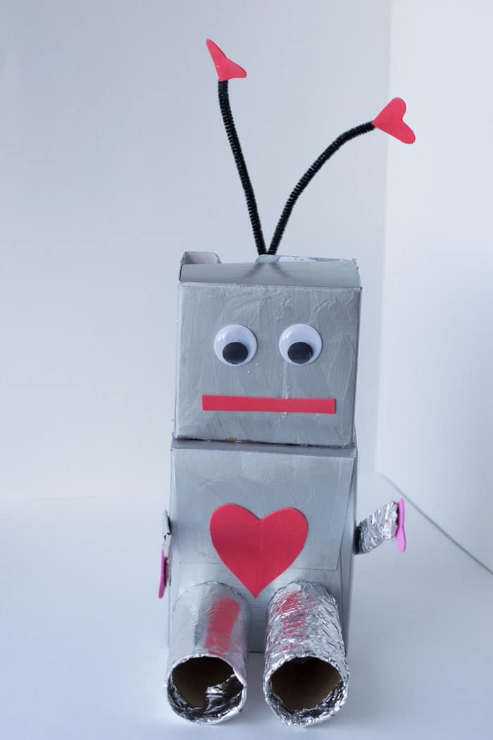 cute foil robot with hearts valentine card boxes