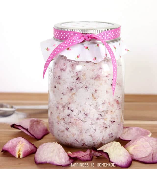 rose petal sugar scrub in mason jar with rose petals